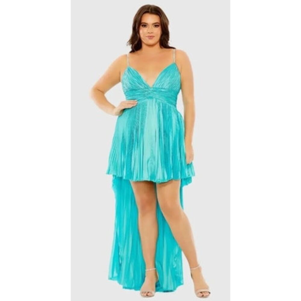 Mac Duggal 77007 Dress Rhinestone Straps Hi Lo Pleated Aqua Blue NWT 14W